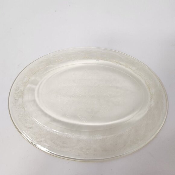 Vintage Pale Yellow Depression Glass Serving Platter Oval Floral Etched - Picture 2 of 6